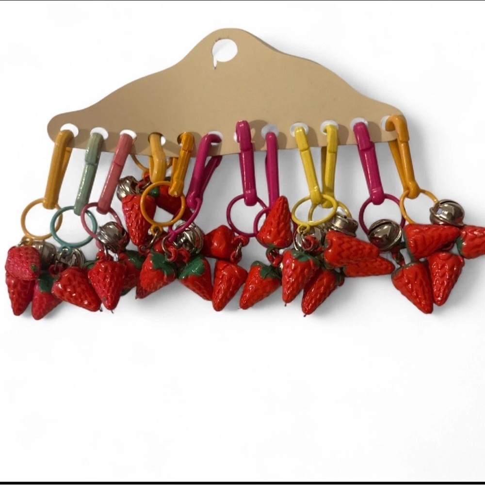 Vintage 80s Plastic Clip On Bell Charm Necklace Strawberry 12 Charms Made Taiwan
